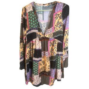 Millibon USA Boho Dress Womens Large Wide Sleeves Patchwork Tassel Tie Neck